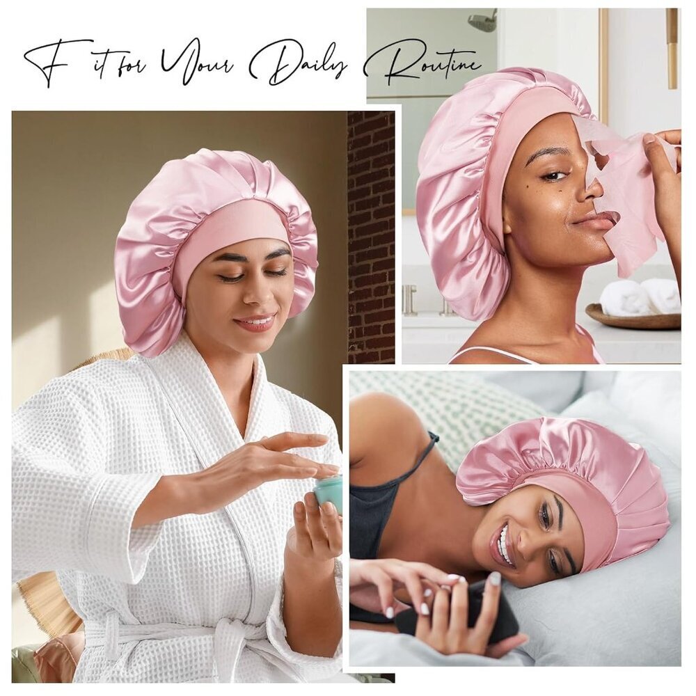 Silk Hair Bonnet Large for Long Hair Double Layer Soft Elastic Pink Sleep Cap - Picture 6 of 6